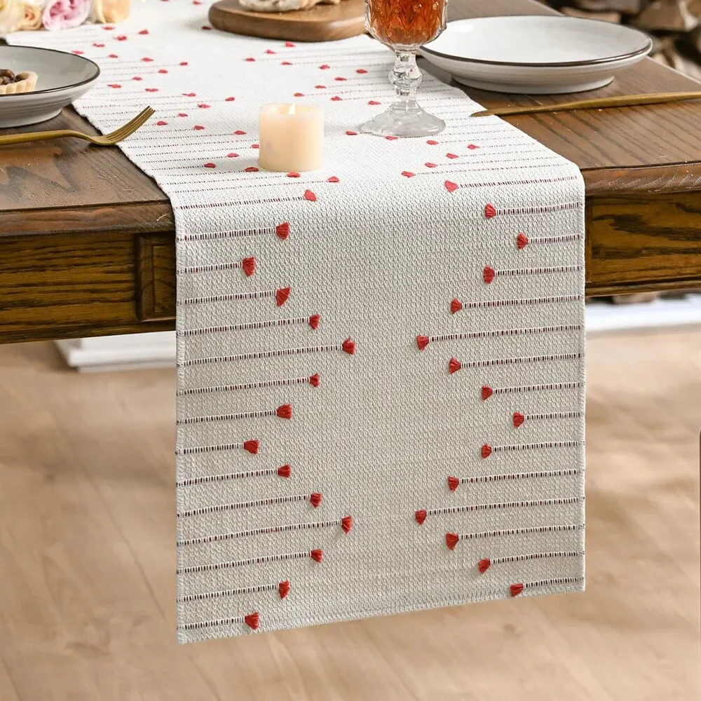 12x72 Inch Red & Cream Woven Boho Table Runner